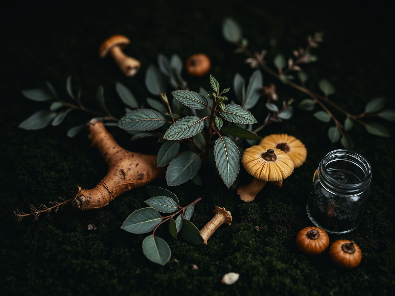 Apothecary still life of dried herbs and roots